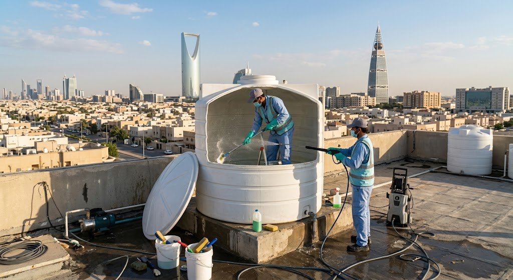 خطوات تنظيف الخزانات بالرياض باستخدام أحدث التقنيات ومعدات الضغط العالي والتعقيم الشامل