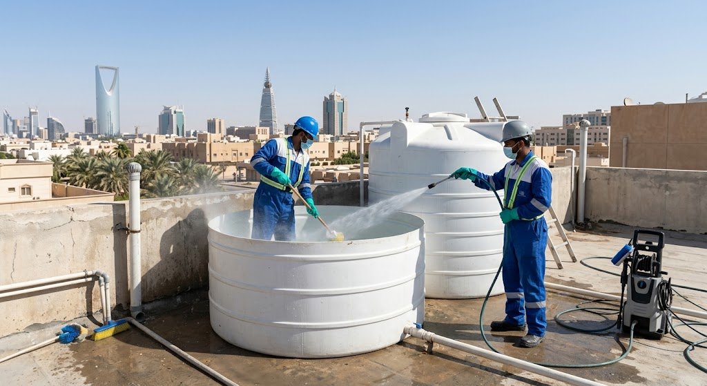 فني متخصص يقوم بتنظيف وتعقيم خزان مياه علوي في مدينة الرياض باستخدام أجهزة ضغط متطورة ومواد آمنة لضمان نقاء المياه